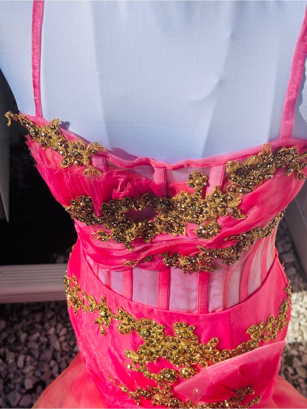 Sherry Hill Y2K Pink Corset Mermaid Prom Dress Gold Beaded Size 4 - Picture 4 of 9